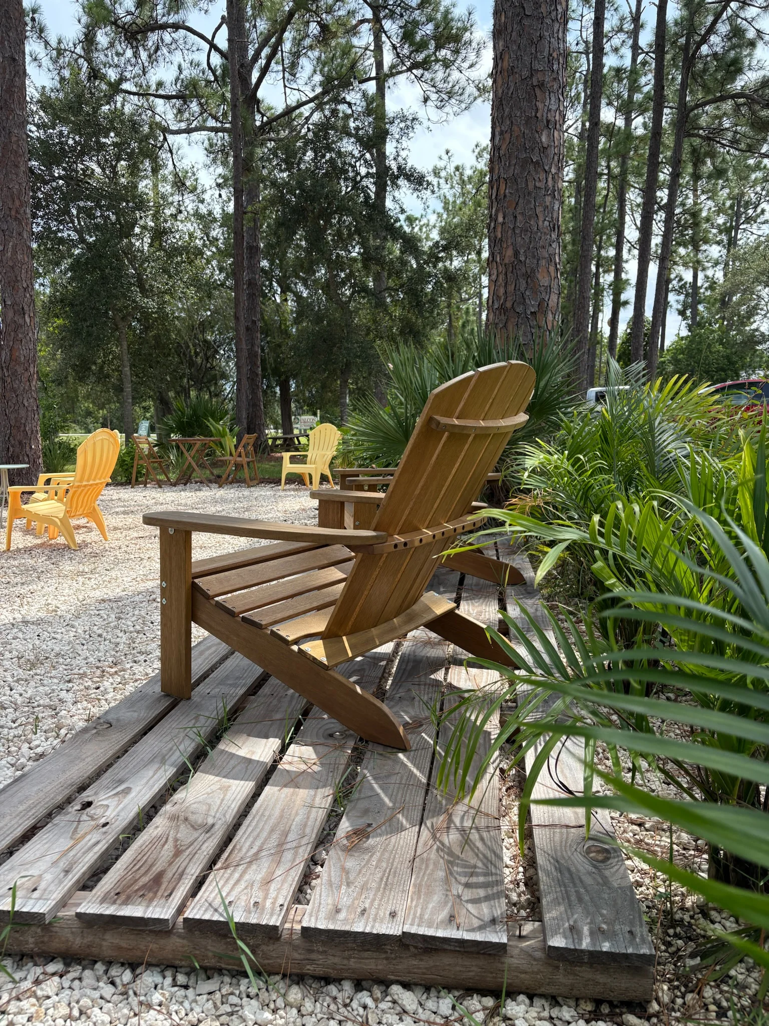 A wooden Adirondack chair beside palms in the shaded courtyard.