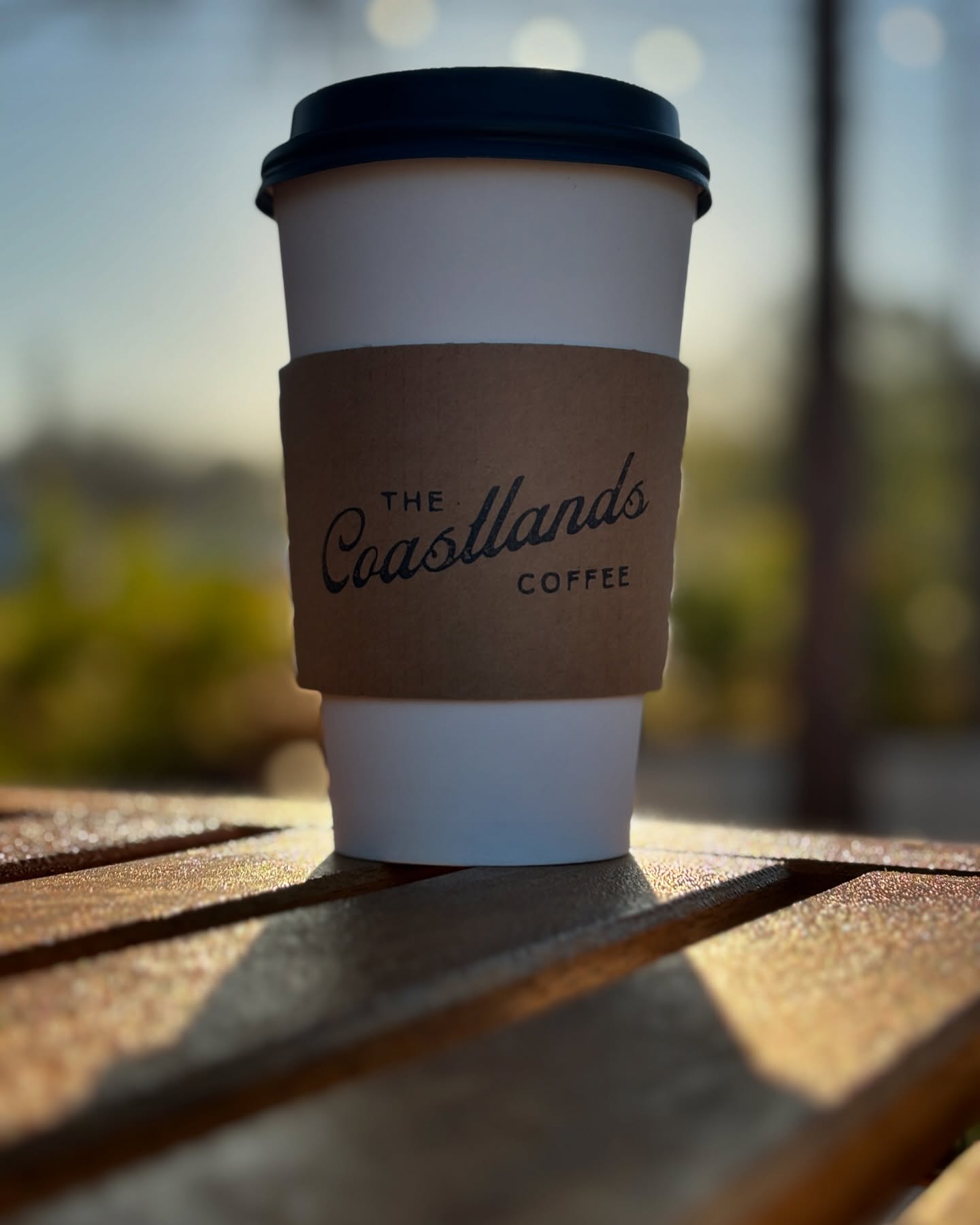 A Coastlands takeaway coffee cup on a wooden table in warm sunlight.